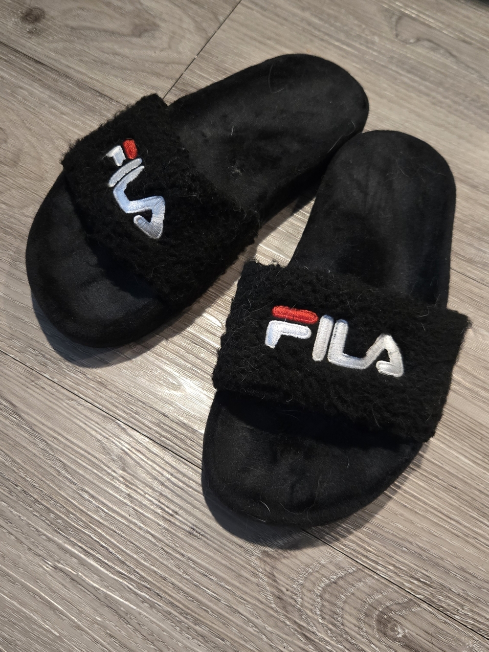 FILA Black Fuzzy Slide Sandals